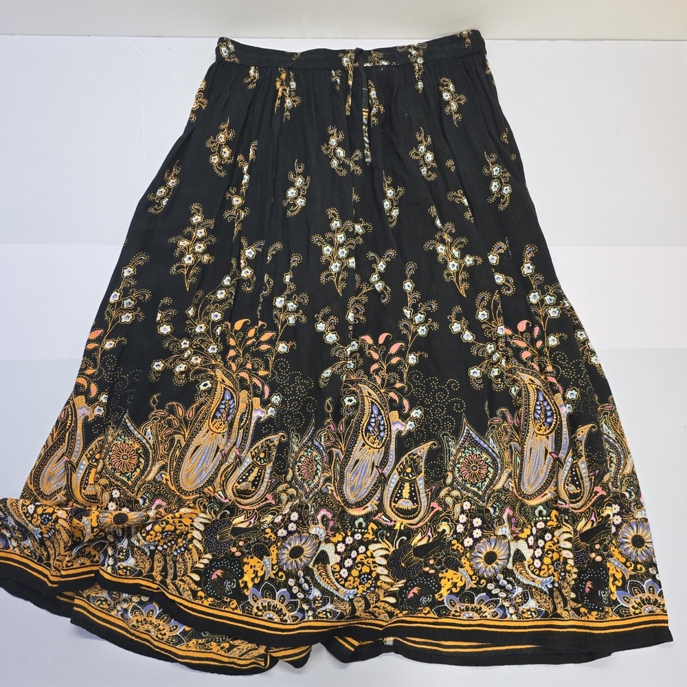 Bursle Womens XL Black Paisley Floral Rayon Maxi Skirt Elastic Waist Boho Chic